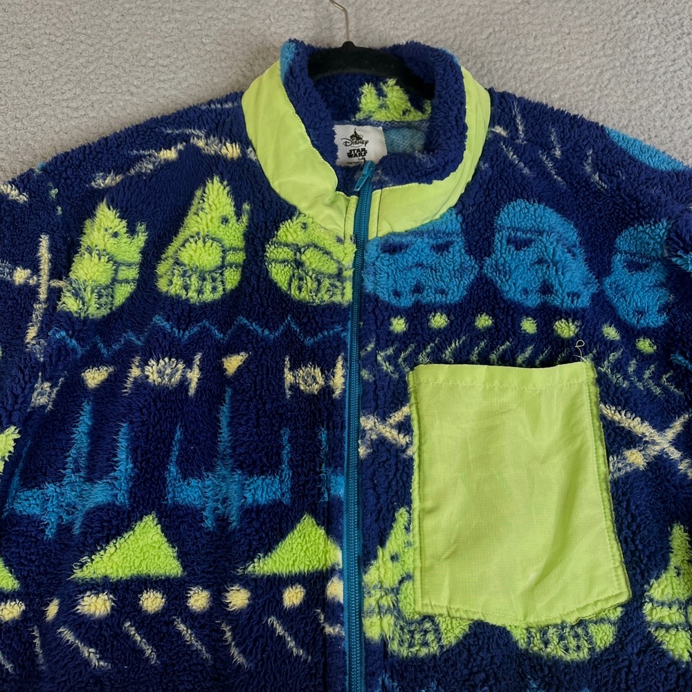 Disney Star Wars Jacket Men XXL Faux Sherpa Blue Fleece Full Zip Graphic Sweater